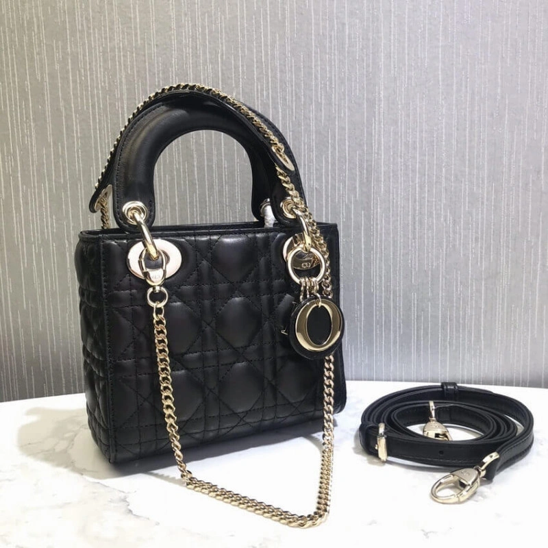 Removable Christian Dior Mini Lady Dior Bag Black Cannage Lambskin - Image 3