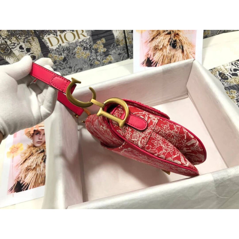 'CD' sign Christian Dior Saddle Bag Raspberry Toile de Jouy Reverse Jacquard - Image 4