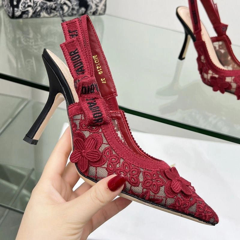 Comfortable 6974 J'Adior Slingback Pumps Women 3D D-lace Motif Transparent Mesh Red - Image 3