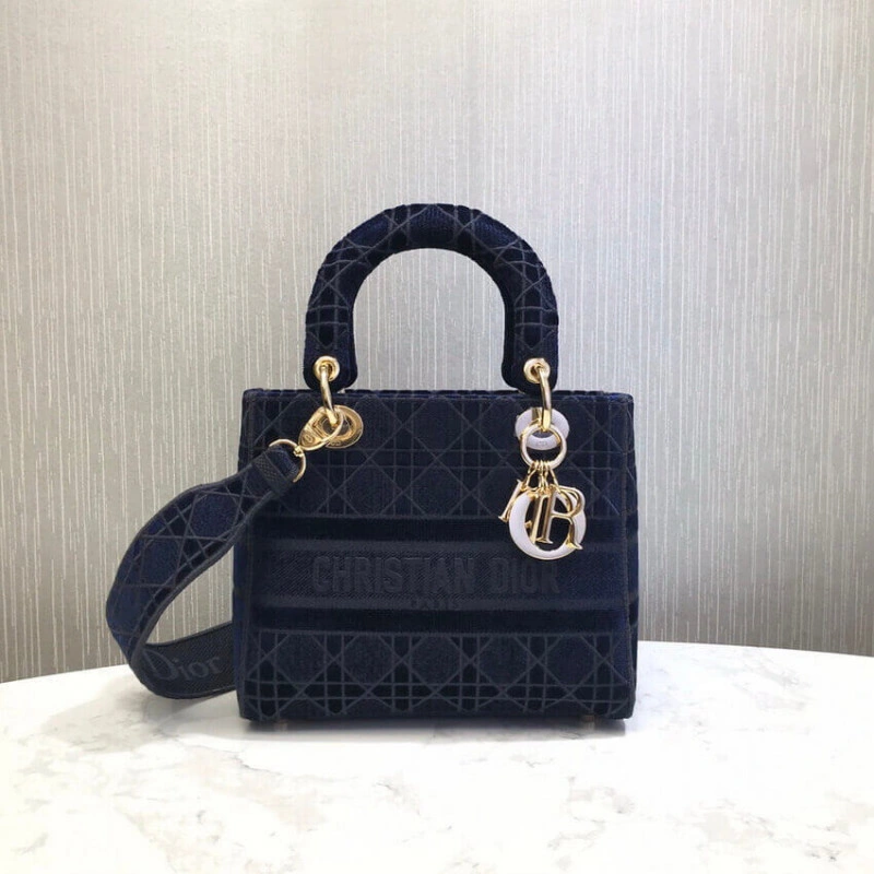 Interior Dior Medium Lady D-Lite Bag Blue Cannage Embroidered Velvet - Image 3