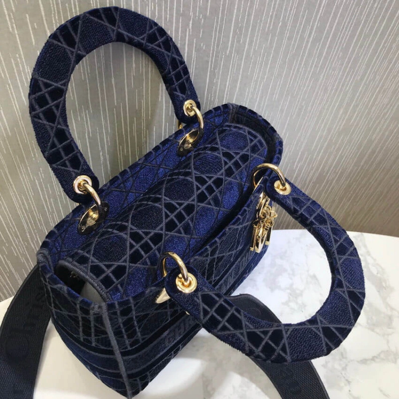 Interior Dior Medium Lady D-Lite Bag Blue Cannage Embroidered Velvet - Image 8