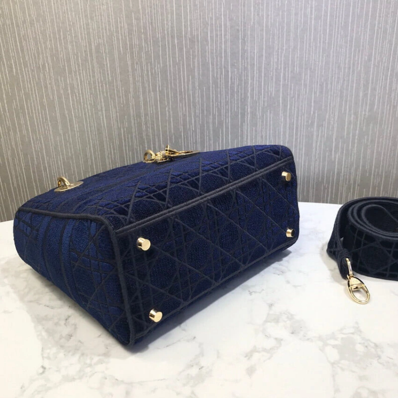 Interior Dior Medium Lady D-Lite Bag Blue Cannage Embroidered Velvet - Image 9