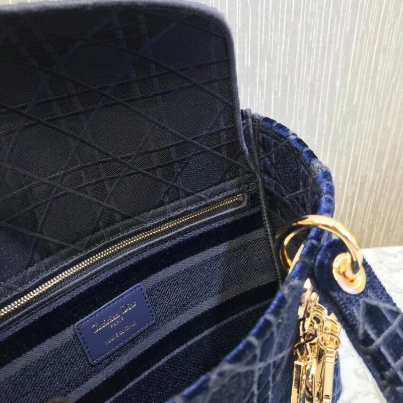 Interior Dior Medium Lady D-Lite Bag Blue Cannage Embroidered Velvet - Image 10