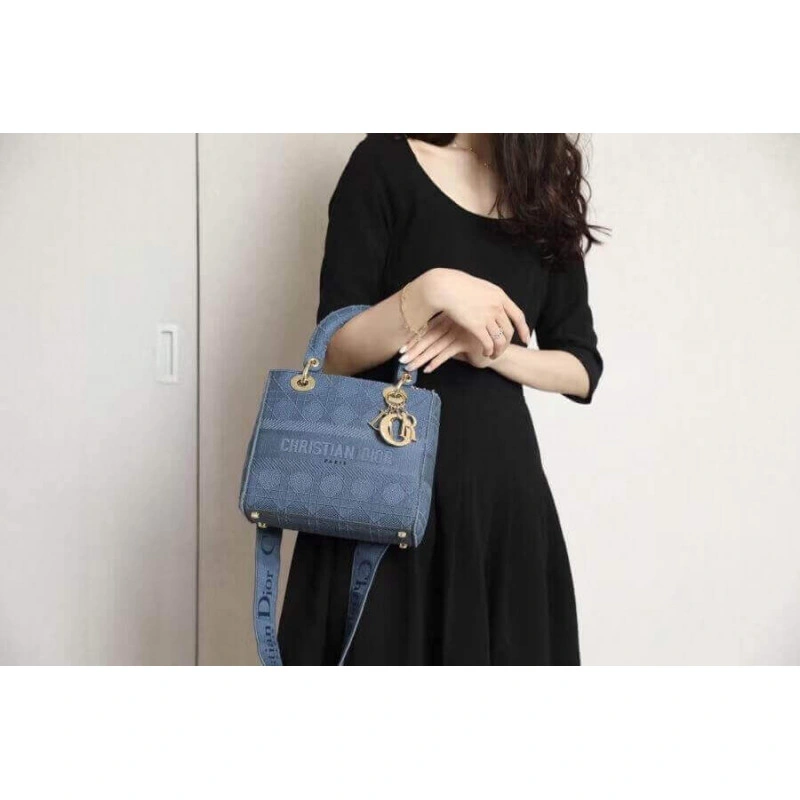 May be ca Dior Medium Lady D-Lite Bag Dark Denim Blue Cannage Embroidered - Image 7