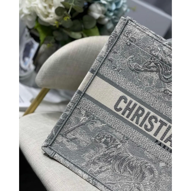 'CHRISTIAN Dior Small Book Tote Gray Toile de Jouy Reverse Embroidery Grey - Image 4