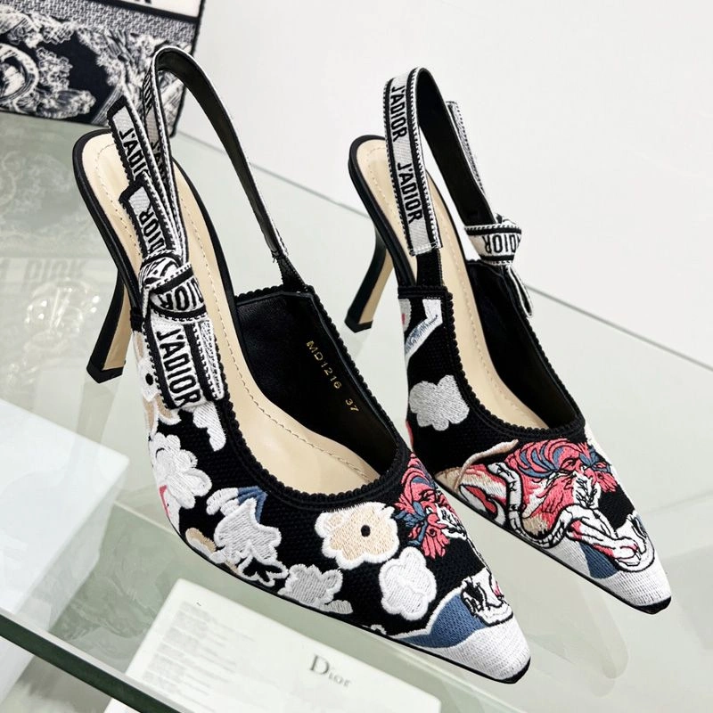 HighQuality 3671 J'Adior Slingback Pumps Women Toile de Jouy Pop Motif Canvas Black - Image 3