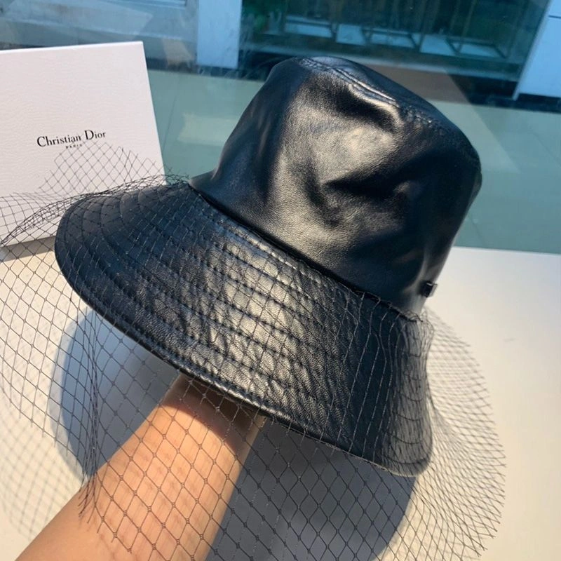 TopPick 899 J'Adior Bucket Hat Teddy Oblique Motif Leather With Veil Black - Image 3