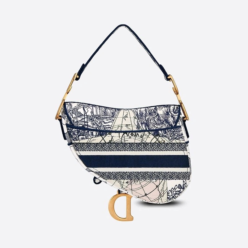 Christian Dior Saddle Bag Around the World Motif Canvas Blue - Image 3