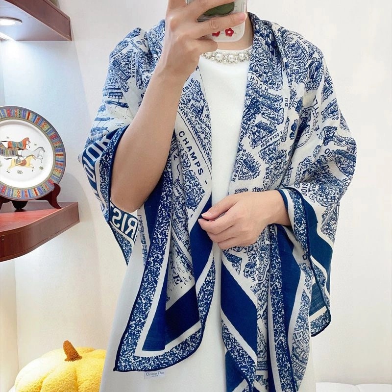 Dior Shawl Plan de Paris Motif Cashmere and Silk Blue - Image 3