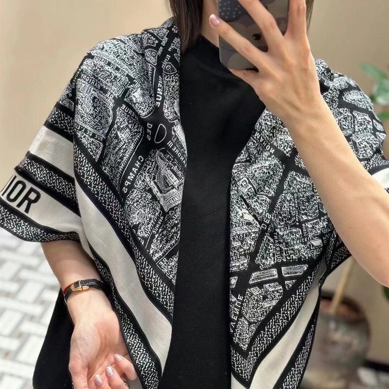 Dior Square Scarf Plan de Paris Motif Silk Black - Image 3
