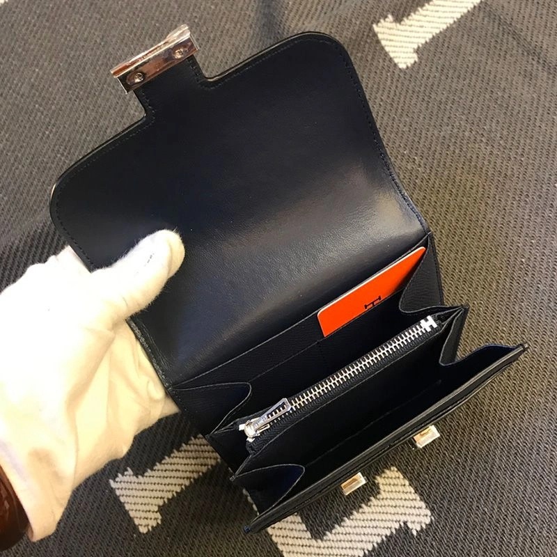 Hermes Constance Compact Wallet Epsom Leather Palladium Hardware In Navy Blue - Image 4