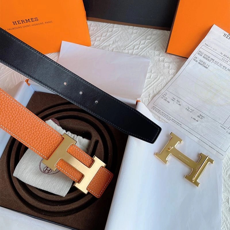 Hermes H Logo Buckle 38 Reversible Belt Leather In Orange Black - Image 3