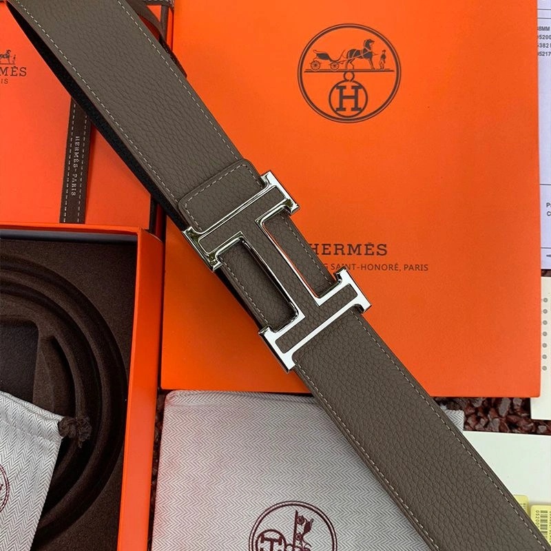 Hermes H Leather Buckle 38MM Reversible Belt Togo Leather In Grey Silver - Image 3