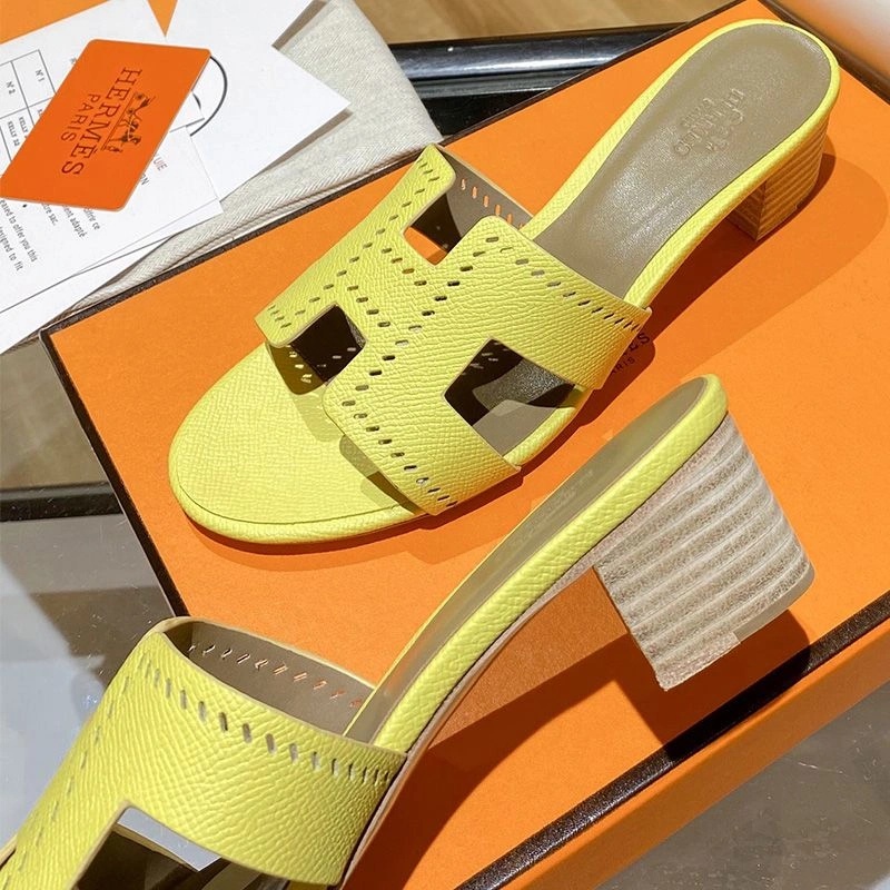 Hermes Oasis Slides Women Hollow Leather In Yellow - Image 4