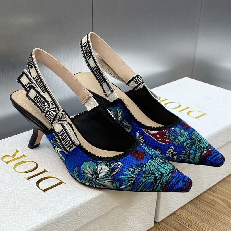J'Adior Slingback Pumps Women Toile de Jouy Voyage Motif Canvas Blue Green - Image 4
