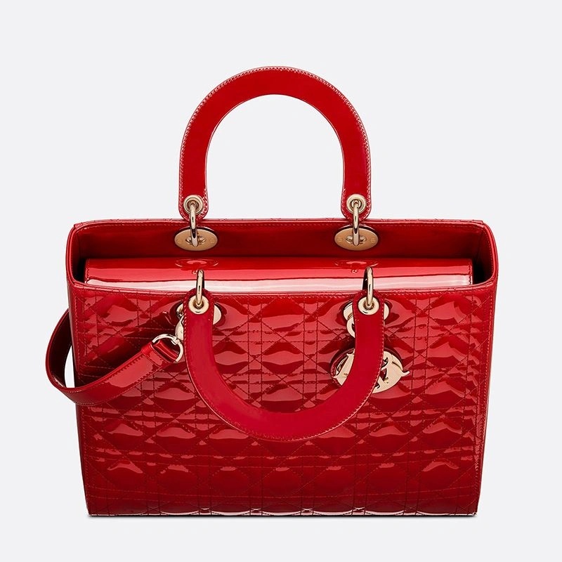 Large Lady Dior Bag Patent Cannage Calfskin Red Gold - Image 3