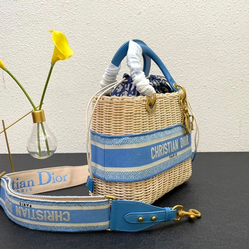 Medium Lady Dior Bag Wicker and Oblique Motif Canvas Light Blue - Image 3