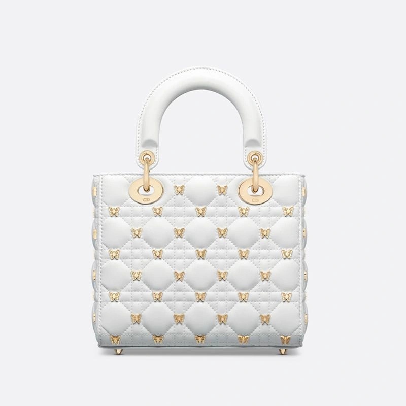 Small Lady Dior Bag with Butterfly Studs Cannage Lambskin White - Image 3