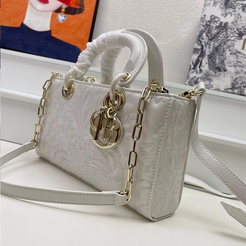 Medium Lady D-Joy Bag Ornamental Motif Quilted-Effect Lambskin White - Image 3