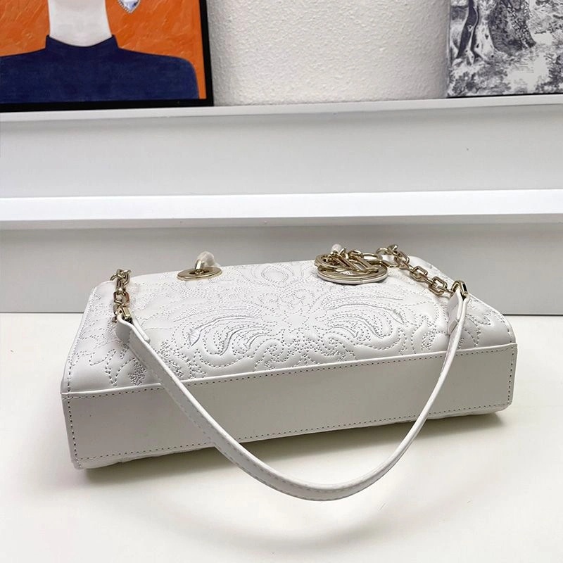 Medium Lady D-Joy Bag Ornamental Motif Quilted-Effect Lambskin White - Image 4