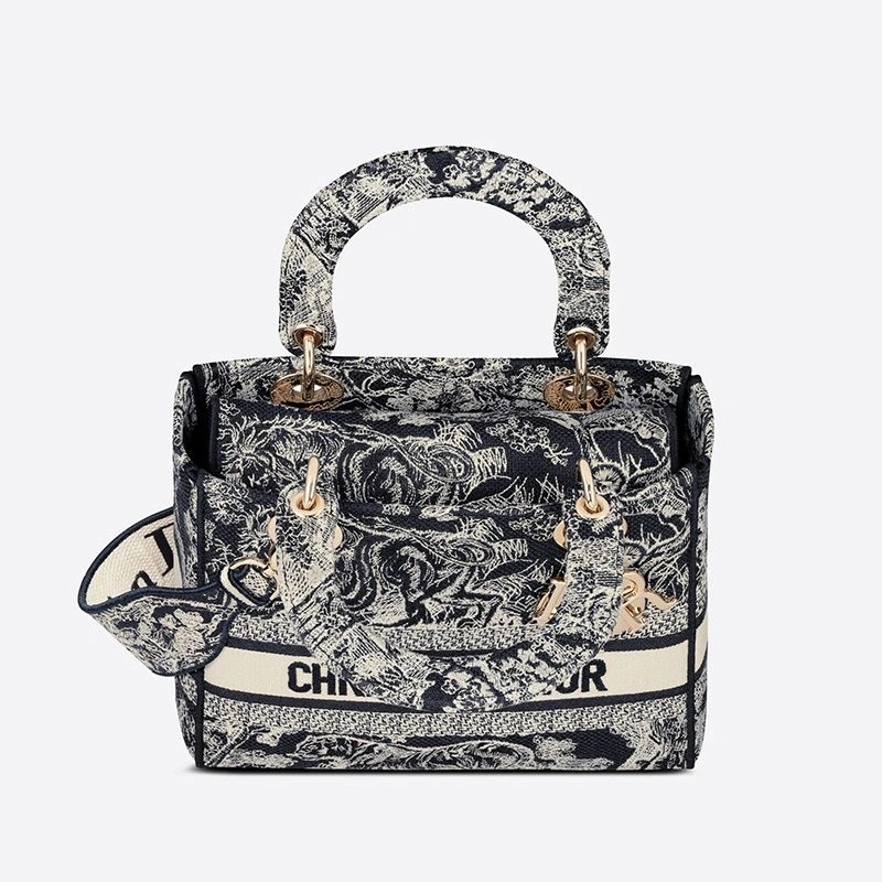 Medium Lady D-lite Bag Toile de Jouy Motif Canvas Navy Blue - Image 4